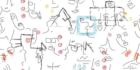 One line drawing. Abstract face seamless pattern. Vector Modern minimal art. Graphics contour background. Continuous line drawing. Linear design woman and man faces. Horizontal Beauty modern print.のイラスト素材