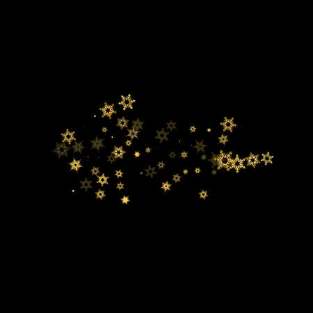 Falling Snow flakes golden pattern. Illustration with flying gold snow, frost, snowfall. Winter print for christmas celebration on black night background. Holiday Vector illustration for New Year.のイラスト素材