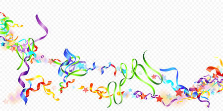 Colorful Serpentine. Holiday Foil Streamers Ribbons. Confetti Star Falling on Transparent Background. Party, Birthday Vector Template. Carnival Serpentine. Celebration Elements. Bright Festive Tinsel.のイラスト素材