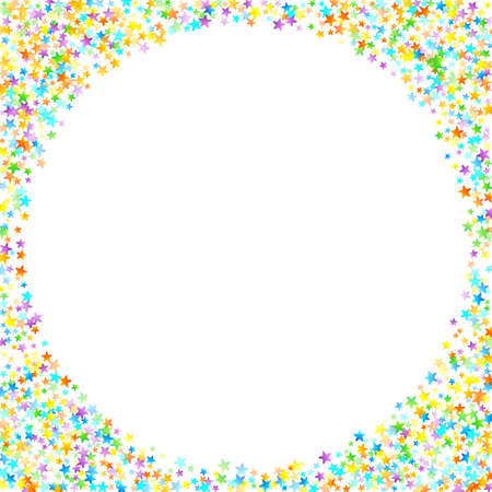 Rainbow Festive Confetti. Carnival Template. Colorful Star Falling. Beautiful Holidays Party. Little Tiny Multicolor Sprockets on White Background. Bright Vector Illustration.のイラスト素材
