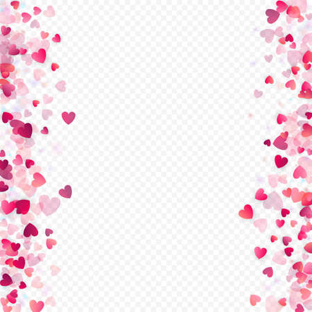 Heart love vector background. Valentine frame. Pink hearts confetti. Scattered love symbols. Random falling heart shape on transparent background. Beautiful Invitation, Greeting Card Illustration.のイラスト素材