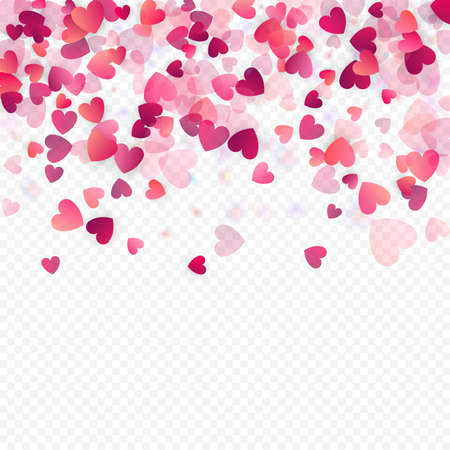 Heart love vector background. Valentine frame. Pink hearts confetti. Scattered love symbols. Random falling heart shape on transparent background. Beautiful Invitation, Greeting Card Illustration.のイラスト素材