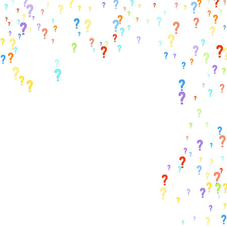Question marks scattered on white background. Quiz, doubt, poll, survey, faq, interrogation, query...