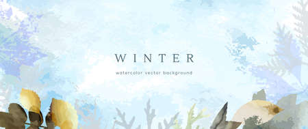 Winter watercolor background. Vector hand drawing texture botanical leaves, flowers. Holiday abstract art design for winter season. Modern card, cover for wedding, invite. Christmas arts decoration.のイラスト素材