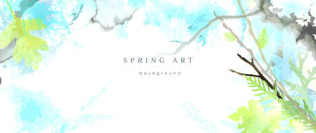 Spring watercolor background. Vector hand drawing texture botanical leaves, flowers. Holiday abstract art design for spring season. Modern card, cover for wedding, invite. Pastel arts decoration.のイラスト素材