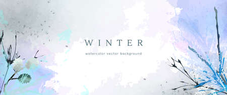 Winter watercolor background. Vector hand drawing texture botanical leaves, flowers. Holiday abstract art design for winter season. Modern card, cover for wedding, invite. Christmas arts decoration.のイラスト素材