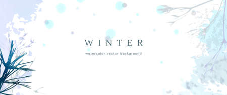 Winter watercolor background. Vector hand drawing texture botanical leaves, flowers. Holiday abstract art design for winter season. Modern card, cover for wedding, invite. Christmas arts decoration.のイラスト素材