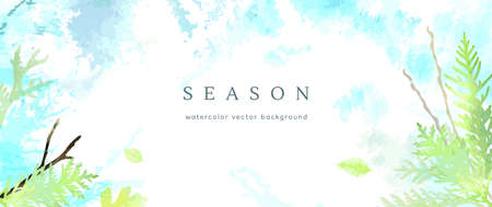 Spring watercolor background. Vector hand drawing texture botanical leaves, flowers. Holiday abstract art design for spring season. Modern card, cover for wedding, invite. Pastel arts decoration.のイラスト素材