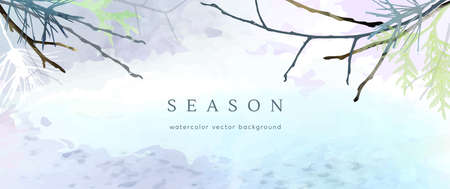 Winter watercolor background. Vector hand drawing texture botanical leaves, flowers. Holiday abstract art design for winter season. Modern card, cover for wedding, invite. Christmas arts decoration.のイラスト素材