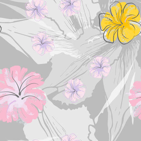 Pink Flowers Blooming Pattern. Pastel Watercolor Floral Print. Little Pink, Yellow, Lilac flower on gray leaf. Elegant brush Background. Seamless Botanical Vector Surface. Texture For Fashion Prints.のイラスト素材