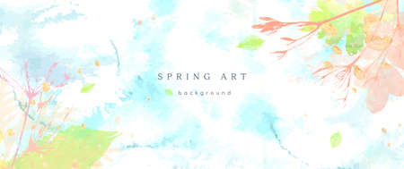 Spring watercolor background. Vector hand drawing texture botanical leaves, flowers. Holiday abstract art design for spring season. Modern card, cover for wedding, invite. Pastel arts decoration.のイラスト素材