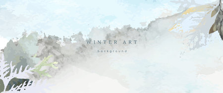 Winter watercolor background. Vector hand drawing texture botanical leaves, flowers. Holiday abstract art design for winter season. Modern card, cover for wedding, invite. Christmas arts decoration.のイラスト素材