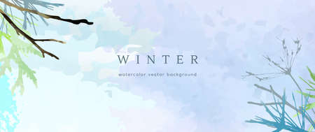 Winter watercolor background. Vector hand drawing texture botanical leaves, flowers. Holiday abstract art design for winter season. Modern card, cover for wedding, invite. Christmas arts decoration.のイラスト素材