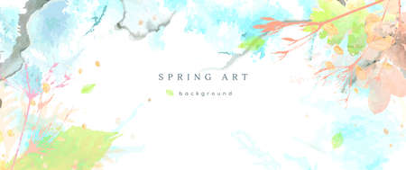 Spring watercolor background. Vector hand drawing texture botanical leaves, flowers. Holiday abstract art design for spring season. Modern card, cover for wedding, invite. Pastel arts decoration.のイラスト素材