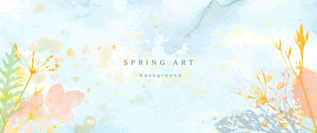 Spring watercolor background. Vector hand drawing texture botanical leaves, flowers. Holiday abstract art design for spring season. Modern card, cover for wedding, invite. Pastel arts decoration.のイラスト素材