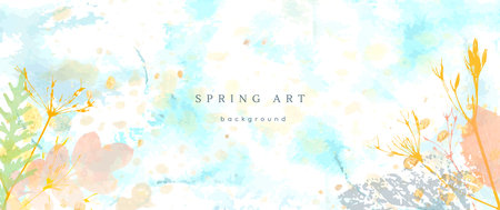 Spring watercolor background. Vector hand drawing texture botanical leaves, flowers. Holiday abstract art design for spring season. Modern card, cover for wedding, invite. Pastel arts decoration.のイラスト素材