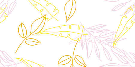 Tropical Leaf. Modern Motif. Pastel One Line Drawing. Jungle Print. Foliage Summer Seamless Pattern. Trending Greenery Vector Background. Artistic Botanical Surface. Abstract Plant Texture For Fashionのイラスト素材