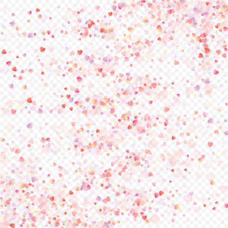 Heart love vector background. Valentine frame. Pink hearts confetti. Scattered love symbols. Random falling heart shape on transparent background. Beautiful Invitation, Greeting Card Illustration.のイラスト素材