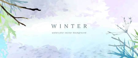 Winter watercolor background. Vector hand drawing texture botanical leaves, flowers. Holiday abstract art design for winter season. Modern card, cover for wedding, invite. Christmas arts decoration.のイラスト素材