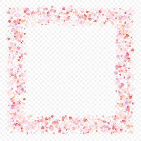Heart love vector background. Valentine frame. Pink hearts confetti. Scattered love symbols. Random falling heart shape on transparent background. Beautiful Invitation, Greeting Card Illustration.のイラスト素材