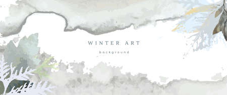 Winter watercolor background. Vector hand drawing texture botanical leaves, flowers. Holiday abstract art design for winter season. Modern card, cover for wedding, invite. Christmas arts decoration.のイラスト素材