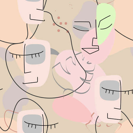 One line drawing. Abstract face seamless pattern. Vector Modern minimal art. Graphics contour background. Continuous line drawing. Linear design woman and man faces. Beauty modern print.のイラスト素材