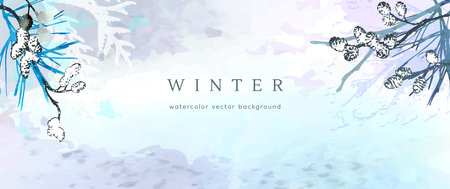 Winter watercolor background. Vector hand drawing texture botanical leaves, flowers. Holiday abstract art design for winter season. Modern card, cover for wedding, invite. Christmas arts decoration.のイラスト素材