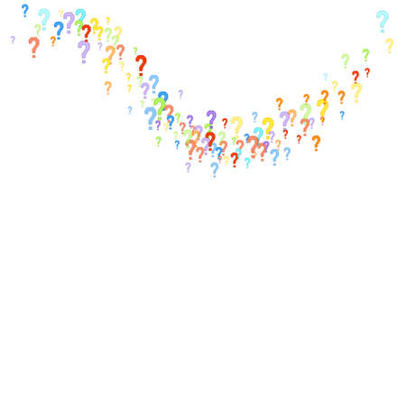 Question marks scattered on white background. Quiz, doubt, poll, survey, faq, interrogation, query background. Multicolored template for opinion poll, public poll. Rainbow color. Vector illustration.のイラスト素材