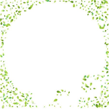 Leaves Green Falling. Spring Flying Foliage. Chaotic Leaf On White Background. Ecology Design, Nature Elements. Spring Sale Vector Illustration. Greenery Environment Backdrop.のイラスト素材