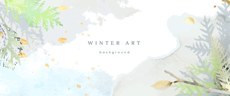 Winter watercolor background. Vector hand drawing texture botanical leaves, flowers. Holiday abstract art design for winter season. Modern card, cover for wedding, invite. Christmas arts decoration.のイラスト素材