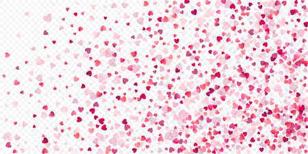 Heart love vector background. Valentine frame. Pink hearts confetti. Scattered love symbols. Random falling heart shape on transparent background. Beautiful Invitation, Greeting Card Illustration.のイラスト素材