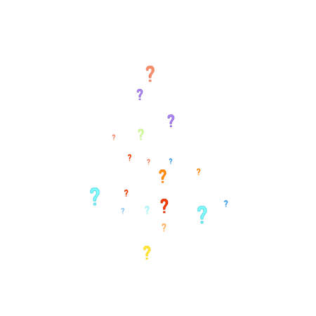 Question marks scattered on white background. Quiz, doubt, poll, survey, faq, interrogation, query background. Multicolored template for opinion poll, public poll. Rainbow color. Vector illustration.のイラスト素材