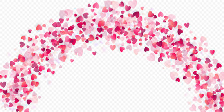 Heart love vector background. Valentine frame. Pink hearts confetti. Scattered love symbols. Random falling heart shape on transparent background. Beautiful Invitation, Greeting Card Illustration.のイラスト素材