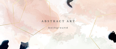 Pink Watercolor Vector Background. Flower Wedding Abstract Design. Gold Luxury Lines on Watercolor Texture. Pastel Warm Tones Minimal Style. Art For Prints and Invitations Cards.のイラスト素材