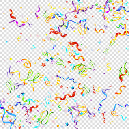 Colorful Serpentine. Holiday Foil Streamers Ribbons. Confetti Star Falling on Transparent Background. Party, Birthday Vector Template. Carnival Serpentine. Celebration Elements. Bright Festive Tinsel.のイラスト素材