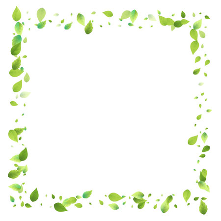 Leaves Green Falling. Spring Flying Foliage. Chaotic Leaf On White Background. Ecology Design, Nature Elements. Spring Sale Vector Illustration. Greenery Environment Backdrop.のイラスト素材
