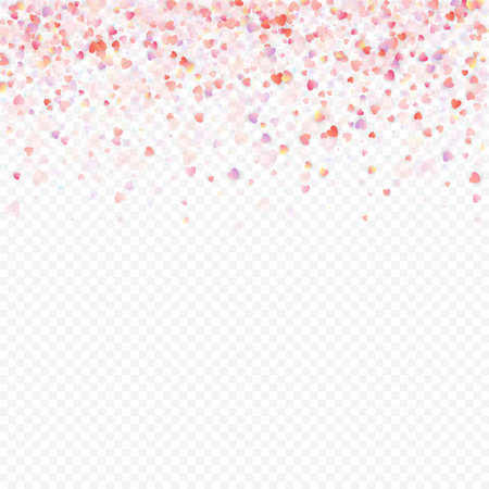 Heart love vector background. Valentine frame. Pink hearts confetti. Scattered love symbols. Random falling heart shape on transparent background. Beautiful Invitation, Greeting Card Illustration.のイラスト素材