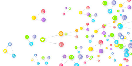 Social media marketing, Communication networking concept. Random icons social media services tags linked on white background. Comment, friend, like, share, target, message. Vector Internet concept.のイラスト素材