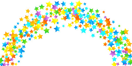 Rainbow Festive Confetti. Carnival Template. Colorful Star Falling. Beautiful Holidays Party. Little Tiny Multicolor Sprockets on White Background. Bright Vector Illustration.のイラスト素材