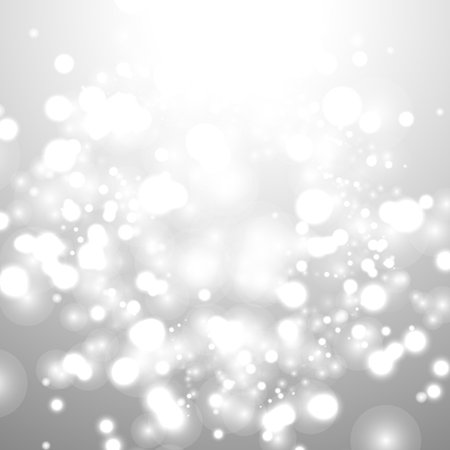 Silver Bokeh Christmas Background. Snow Flakes on Light Gray. Blurred Vector Design. Holiday Winter Backdrop With Glow and Overlay Effect. Season Bling Christmas Decoration.のイラスト素材