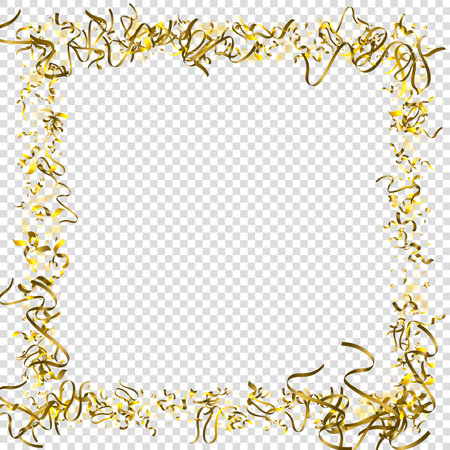 Holiday Serpentine. Gold Foil Streamers Ribbons. Confetti Star Falling on Transparent Background. Party, Birthday Vector Template. Sparkle Serpentine. Celebration Elements. Bright Gold Festive Tinsel.のイラスト素材
