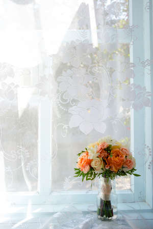Bouquet of the bride from the pion-shaped rosesの写真素材