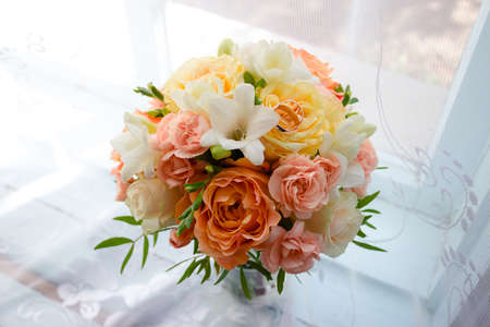 Bouquet of the bride from the pion-shaped rosesの写真素材