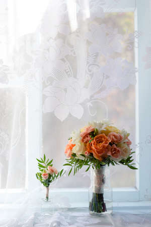 Bridal bouquet and boutonniereの写真素材