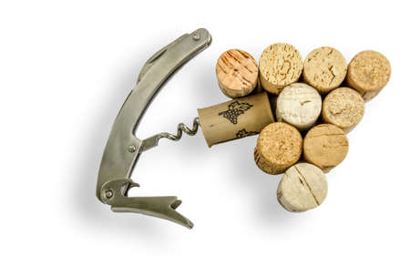 Waiter's corkscrew knife and wine corks, isolated on white