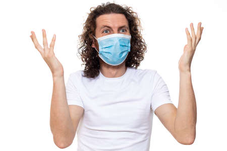 Man in medical mask. Pandemic coronavirus epidemic covid-19 quarantine isolated whiteの写真素材