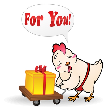 Funny chick with gift in a golden box on the trolley.のイラスト素材