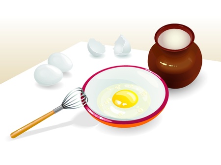 Three eggs and one from it is broken in the bowl  And milk in the clay jug のイラスト素材