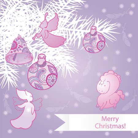 Pink christmas background with branches fir tree, ball, snowflake and angel のイラスト素材