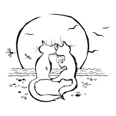 The graphic cartoon's cats with aquarium on a beach.のイラスト素材